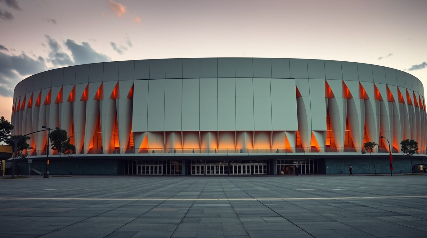 Fachada del Arena de Bogotá sin letras de naming rights al atardecer
