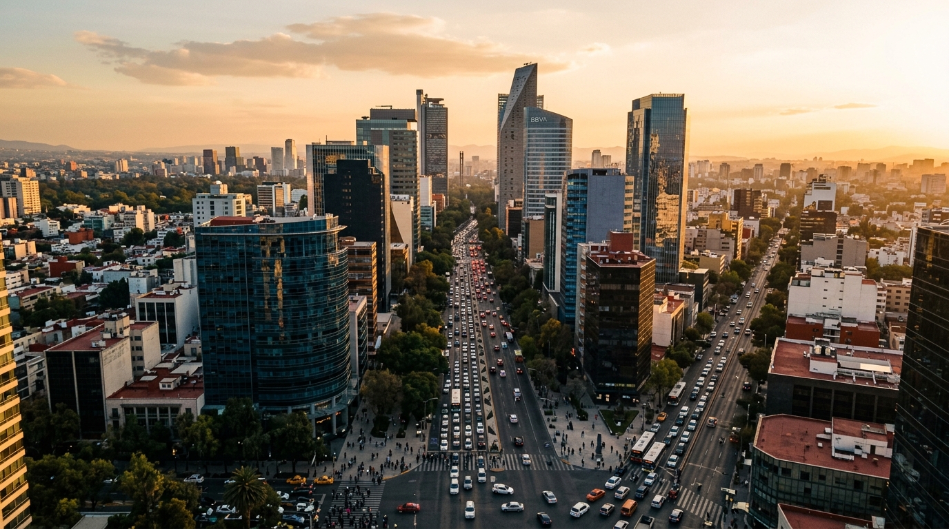 Fachada de edificio corporativo en Ciudad de México con gráfica de crecimiento económico proyectado