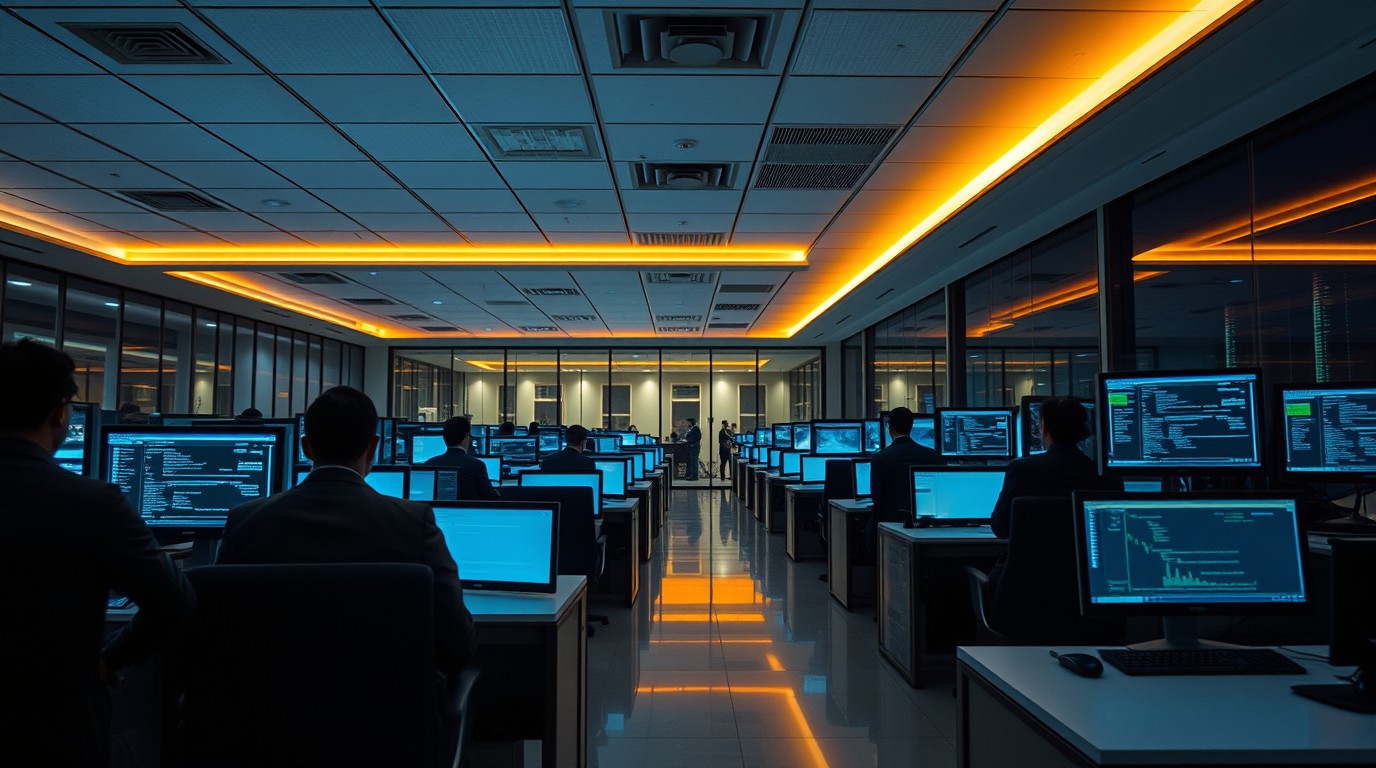 Centro de operaciones de ciberseguridad con monitores encendidos y analistas de espaldas