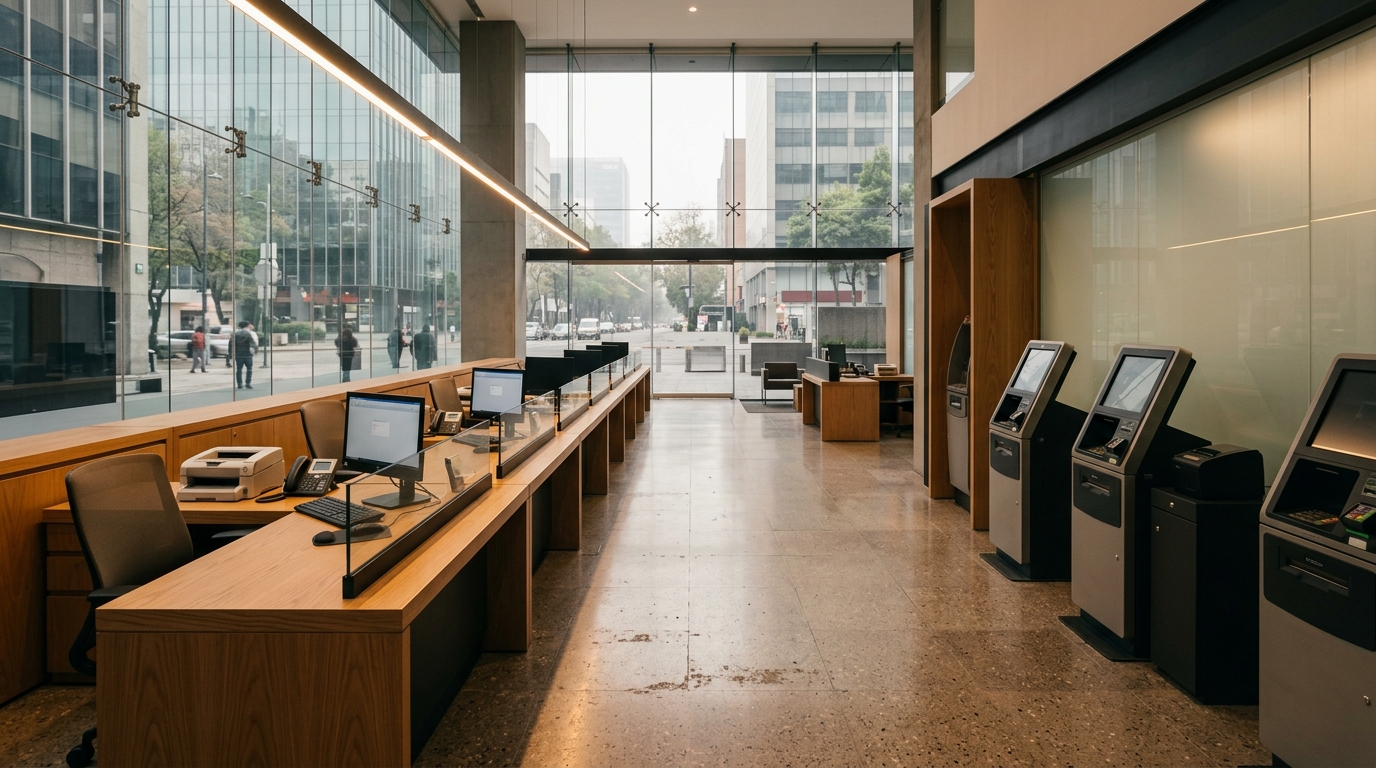 Interior de sucursal bancaria en México con mostradores y cajeros para pagos transfronterizos