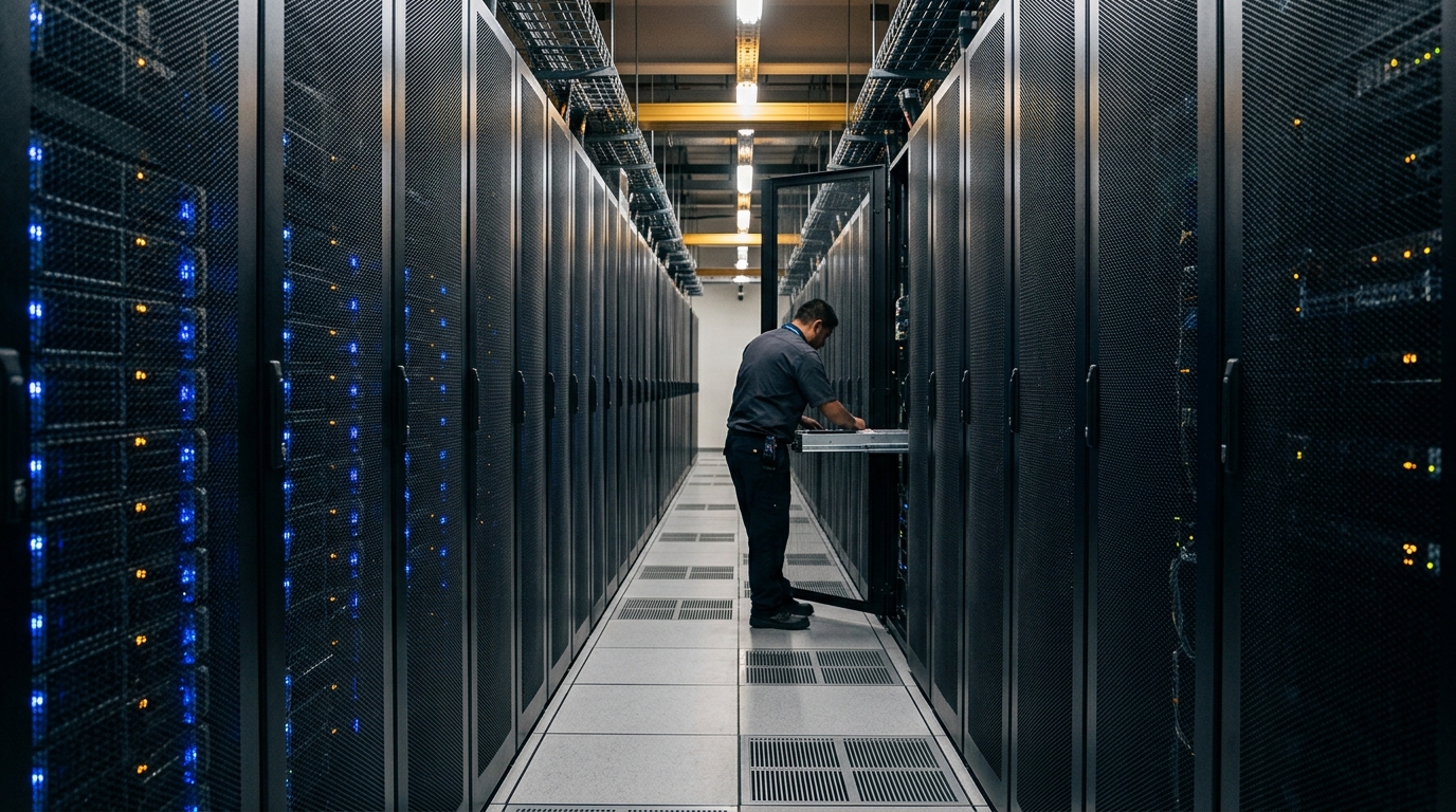 Centro de datos con servidores iluminados, símbolo de la regulación obligatoria de IA