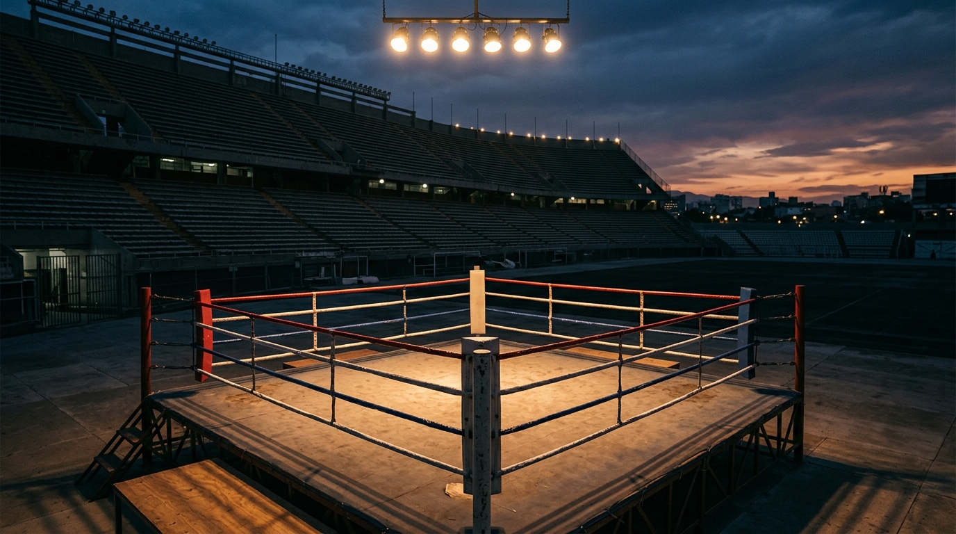 Ring de boxeo iluminado en el Estadio Azteca para la última pelea de Canelo