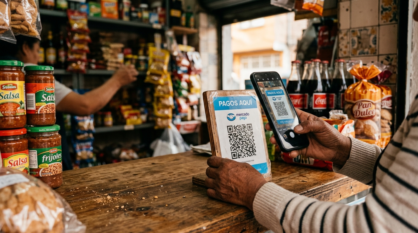 Cuenta sin RFC CNBV: manos de comerciante cobrando con lector de código QR