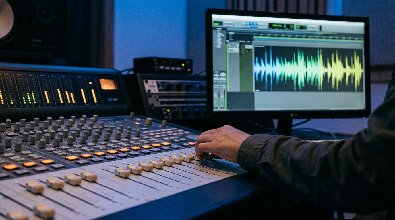 Estudio de grabación con ondas digitales, música IA y consola de mezcla