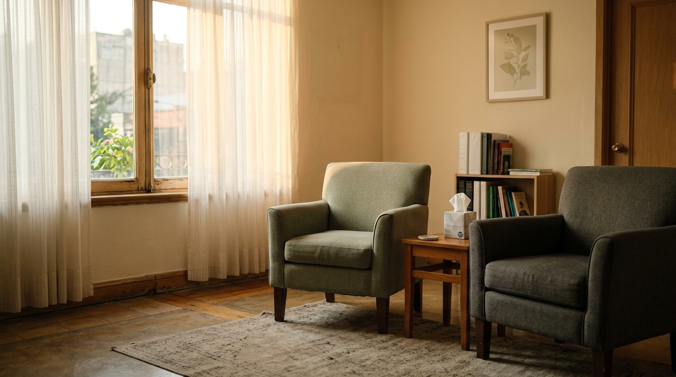 Sala de consulta con dos sillones vacíos y luz natural suave