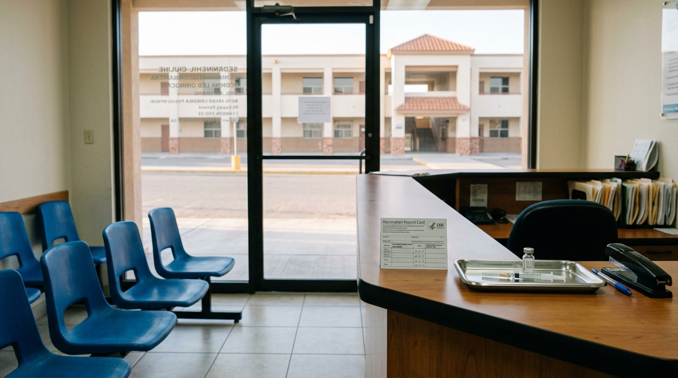 Escritorio escolar con registro de vacunación, contexto del brote de sarampión en Florida