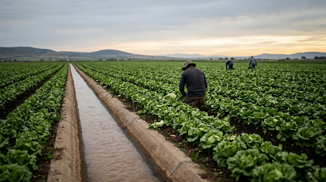 Campos de lechuga mexicana con zanja de riego en Guanajuato bajo luz de amanecer