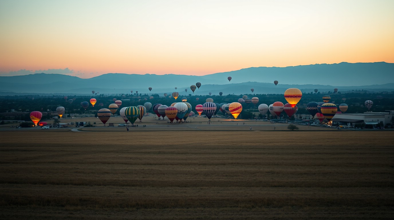 Globos aerostáticos del Festival Internacional del Globo sobre León al amanecer