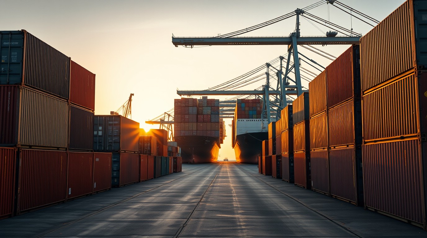Puerto de contenedores con exportaciones mexicanas y pronóstico de crecimiento PIB 2026