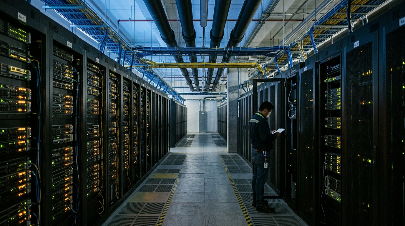 Centro de datos iluminado, símbolo de la elección entre IA abierta o cerrada