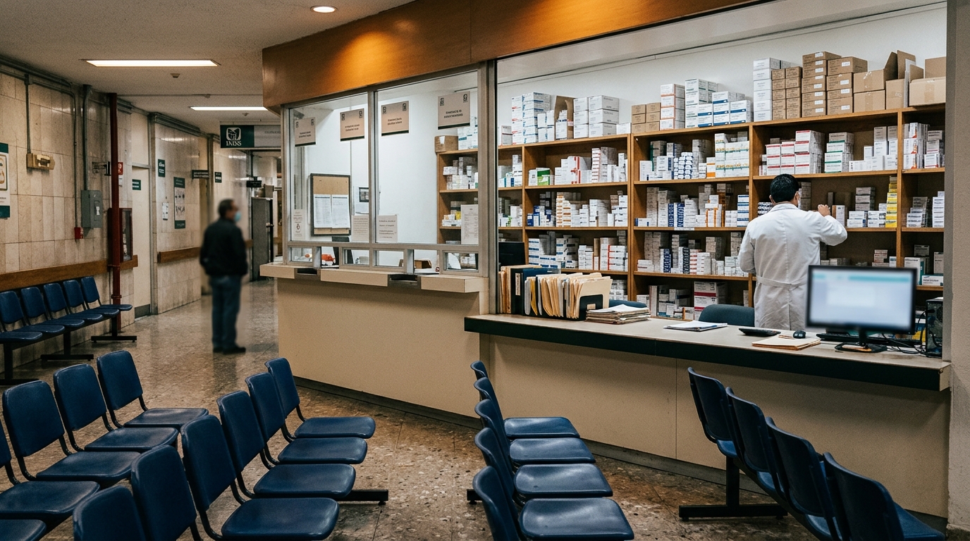 Farmacia hospitalaria del IMSS con anaqueles de medicamentos y ventanilla de surtido