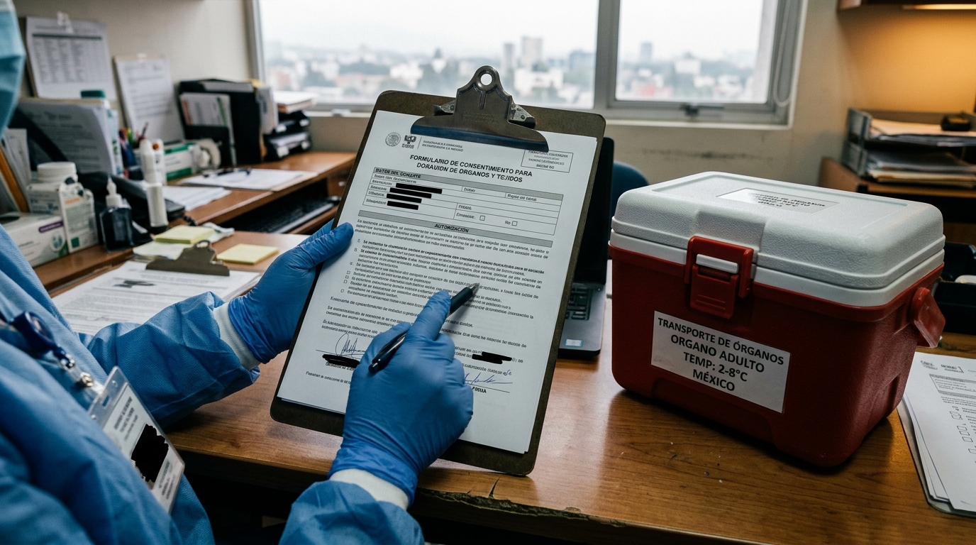 Pasillo hospitalario con personal de salud revisando expedientes de donación de órganos