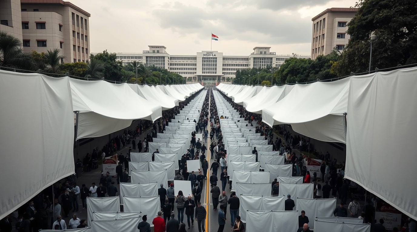 Vista aérea de avenida amplia con pancartas durante la marcha nacional del IMSS