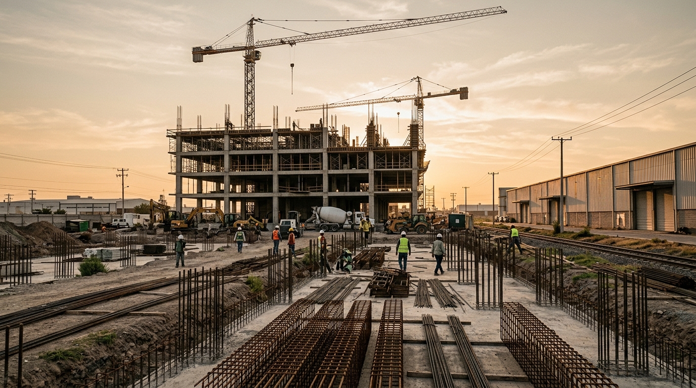 Grúa de construcción sobre estructura de concreto en corredor industrial de México