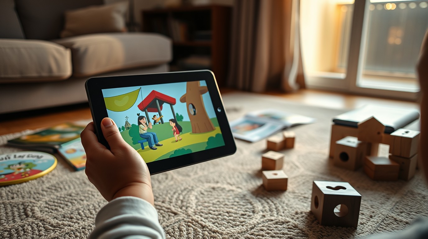 Aplicación de streaming infantil en tableta sobre mesa de casa mexicana