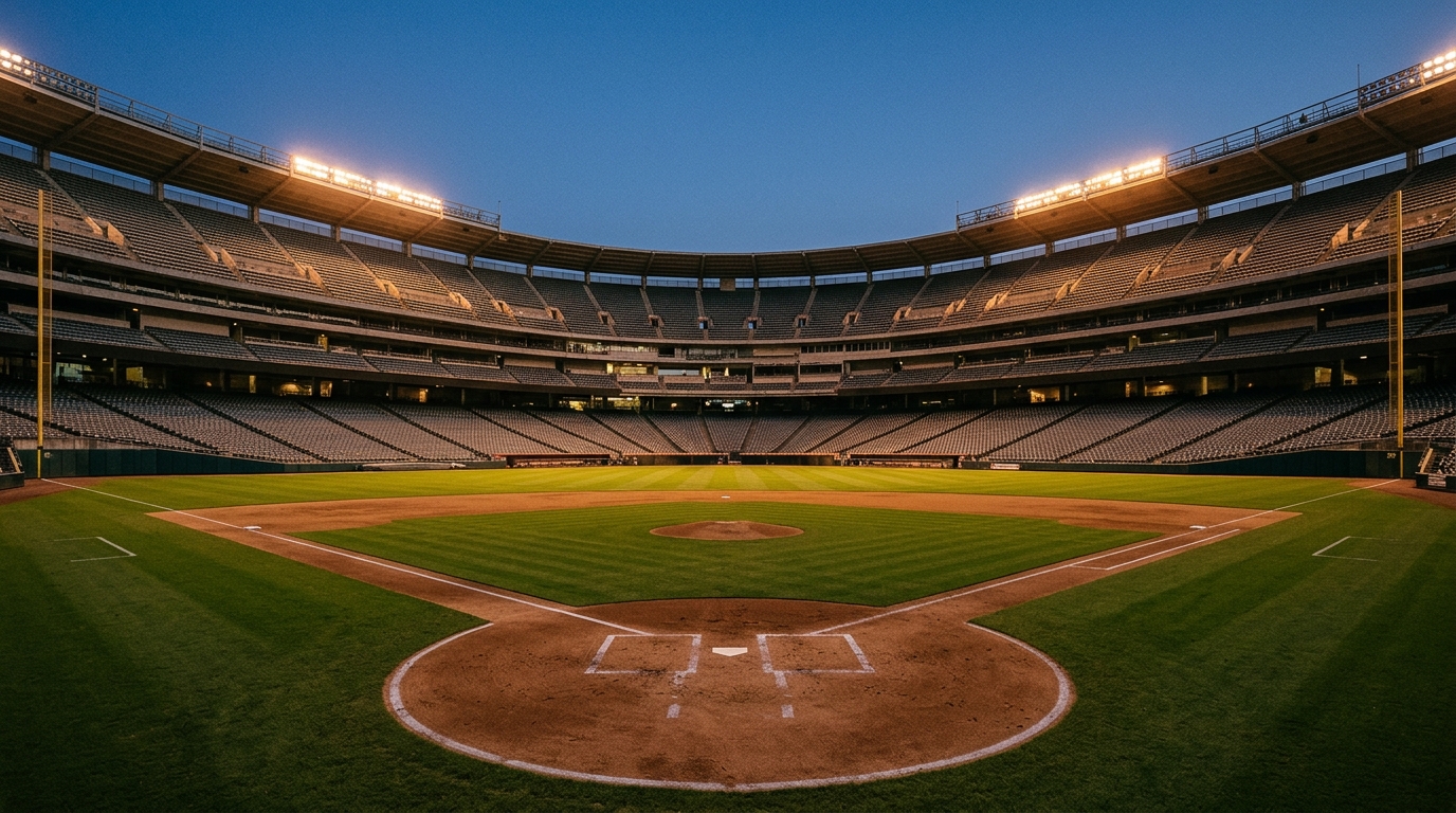 Estadio de béisbol vacío al atardecer, escenario del lockout MLB