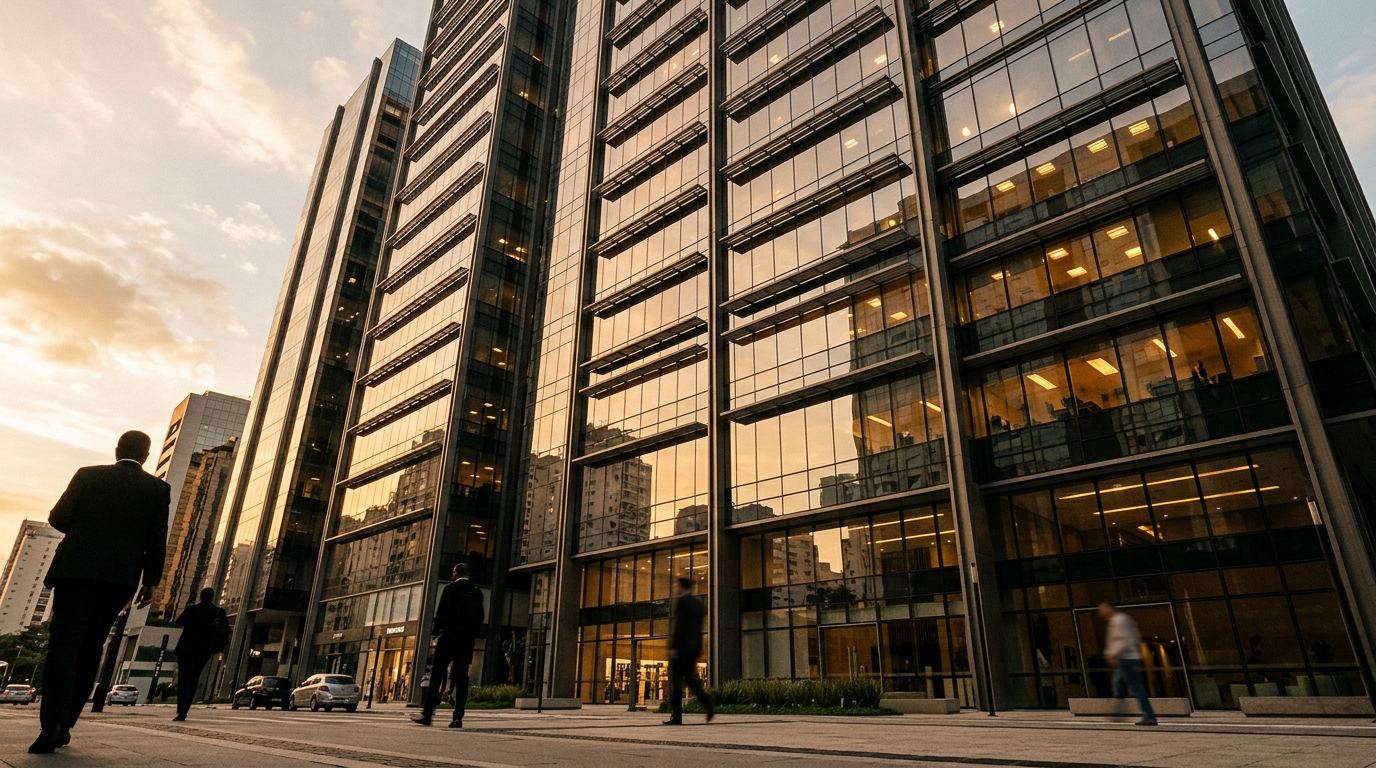 Fachada de oficinas corporativas en São Paulo, fondo de IA en Brasil