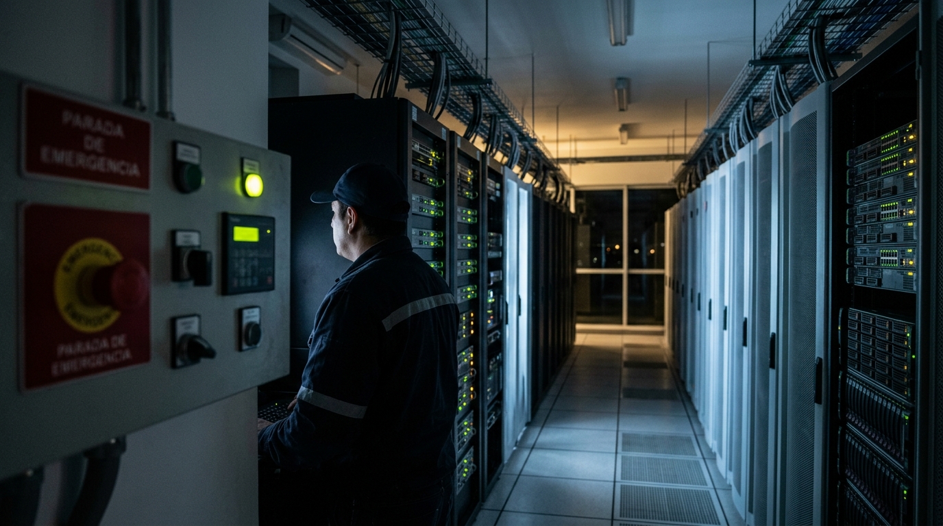 Agentes de IA sobre un panel de control con interruptor de parada de emergencia