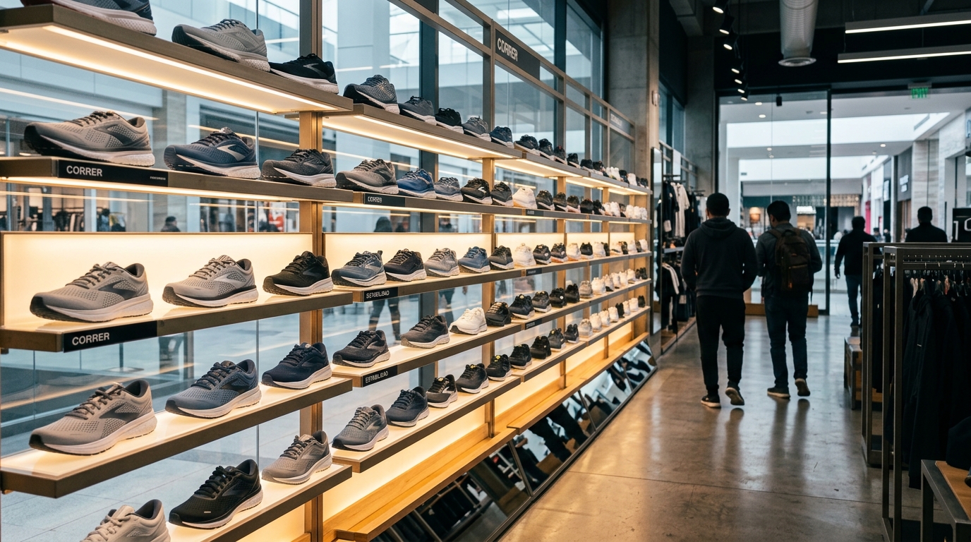 Acción de Nike en gráfico bursátil descendente junto a tienda deportiva