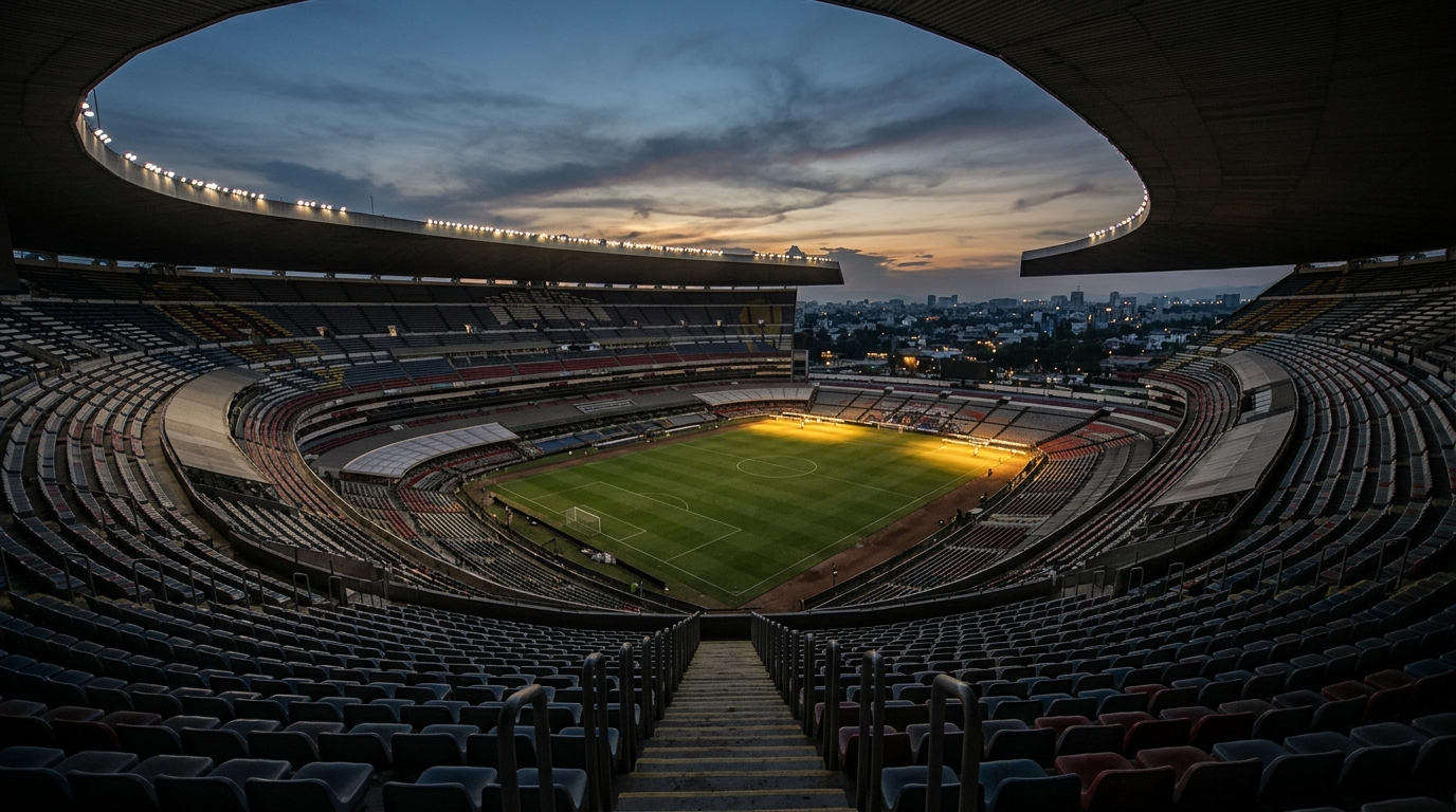Estadio de futbol vacío al atardecer, telón de la investigación de la FIFA