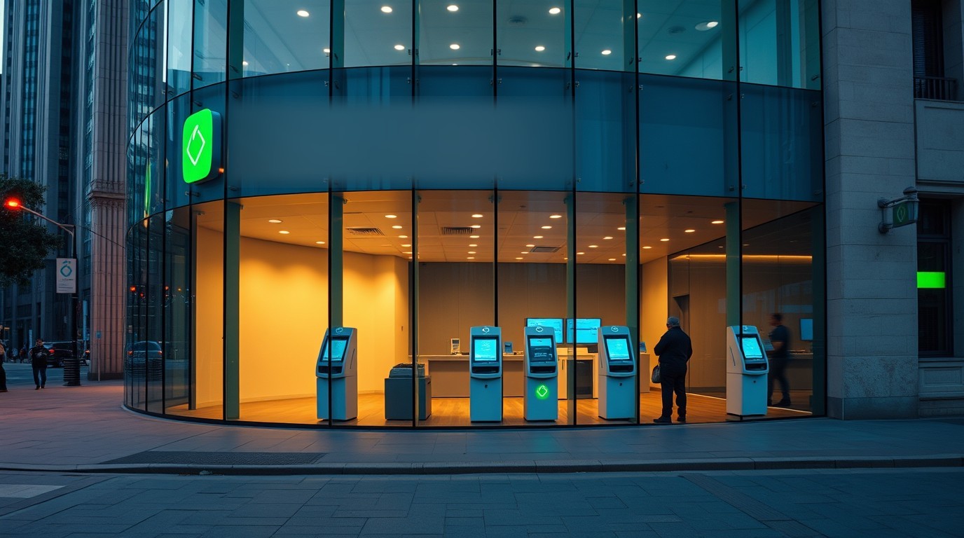 Sucursal de banco digital en Paseo de la Reforma con kioscos y luz cálida