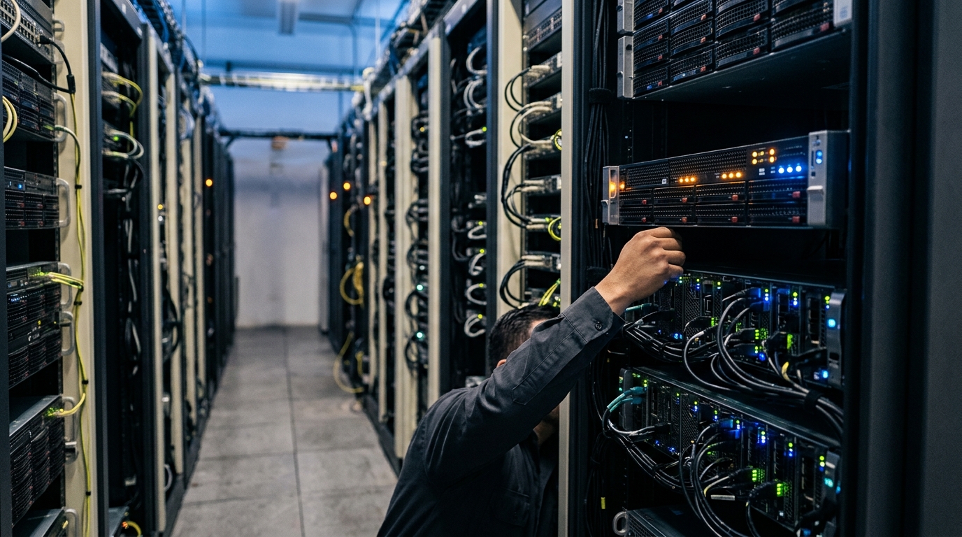 Centro de datos azul que ilustra la seguridad de agentes de IA