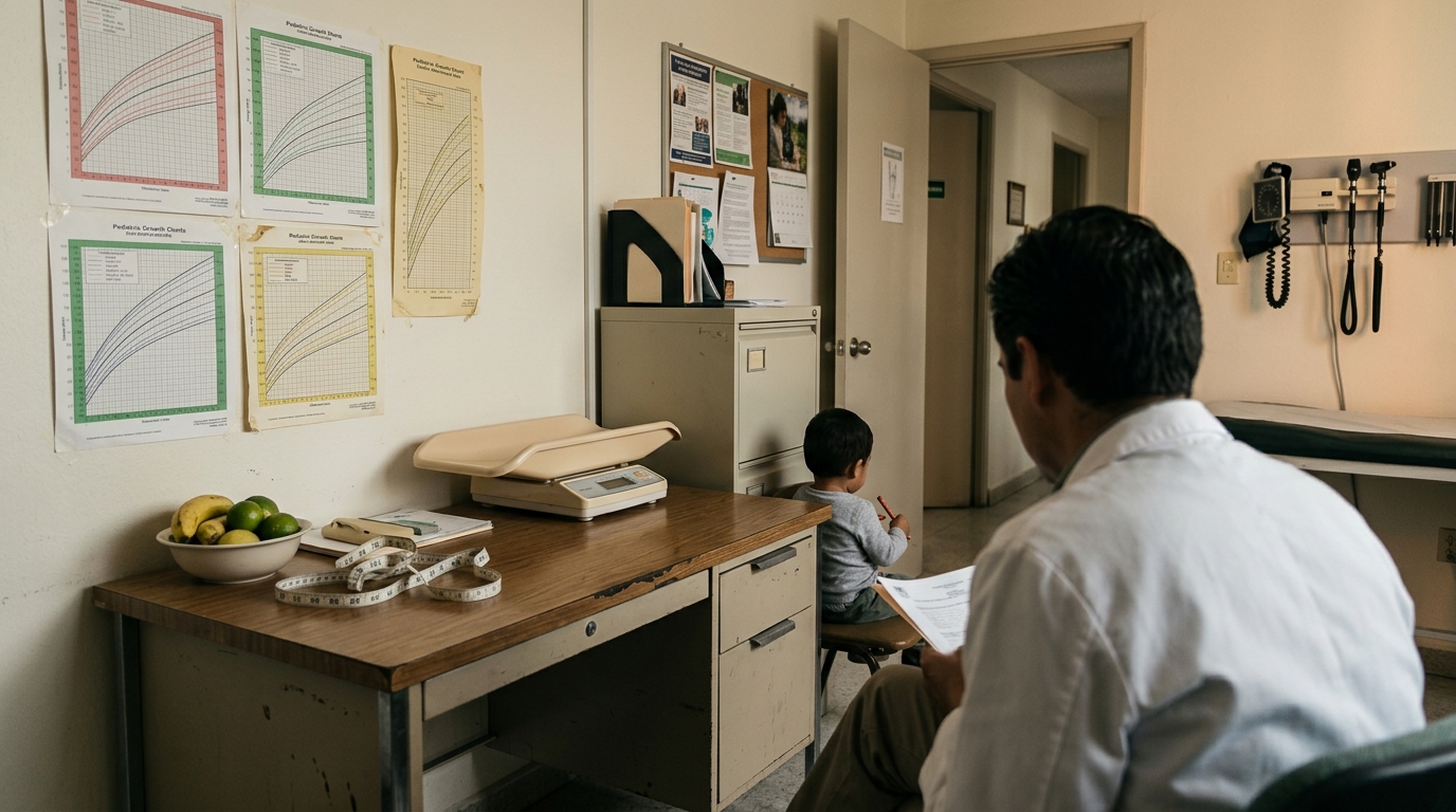 Consultorio pediátrico con báscula y plan de alimentación para obesidad infantil