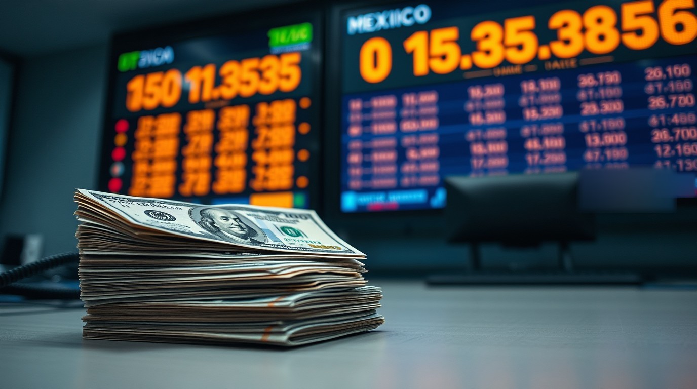 Tipo de cambio peso dólar en pantalla de cotizaciones junto a billetes mexicanos