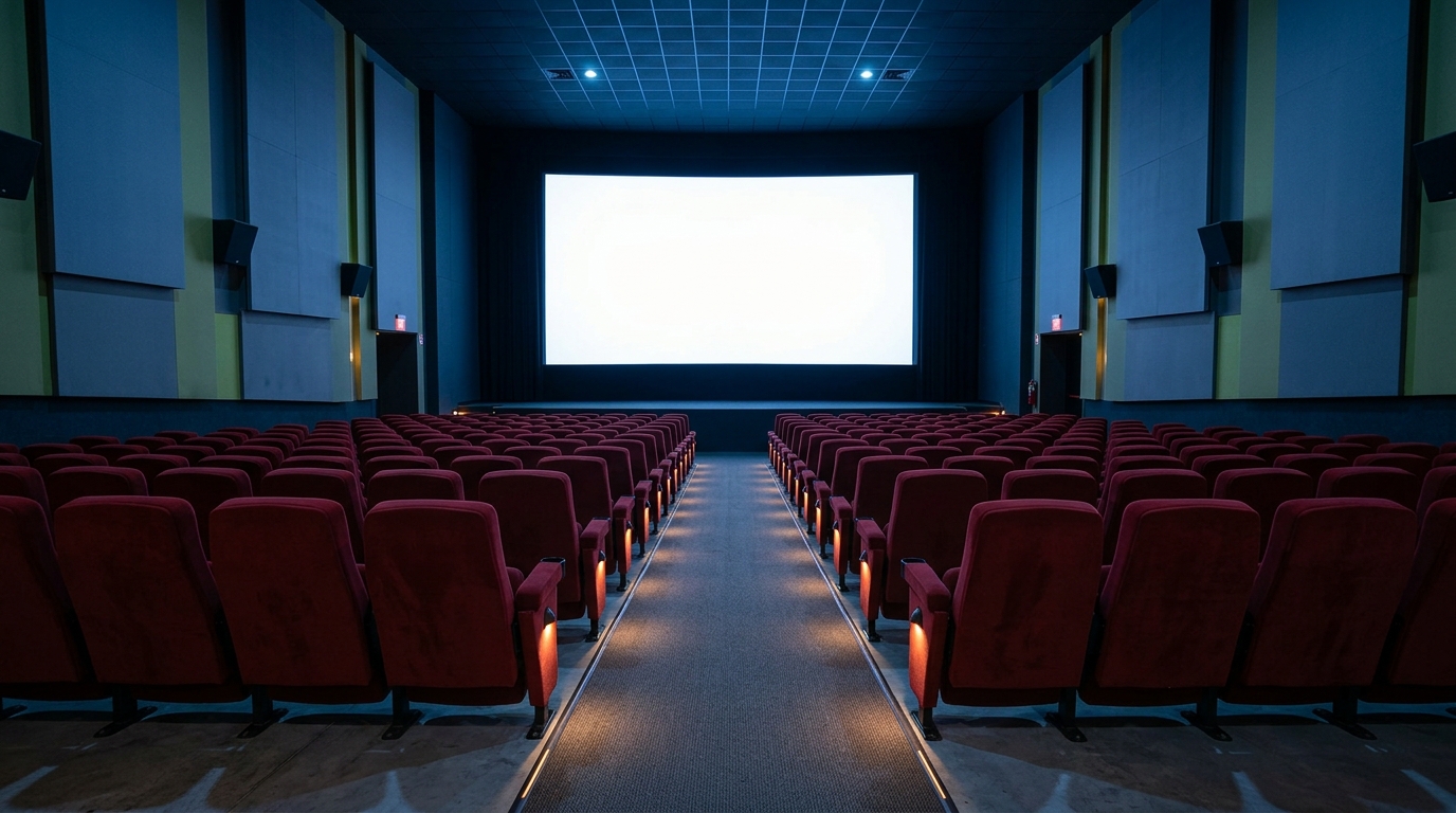 Sala de cine vacía con pantalla encendida durante la preventa de Avengers Doomsday