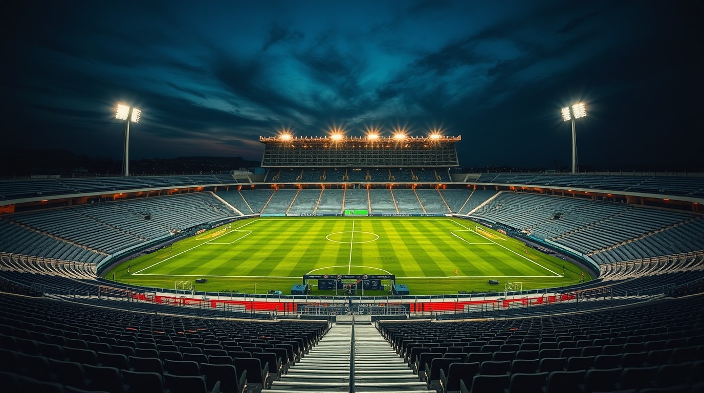 Estadio Gigante de Arroyito de noche con bandejas y luces sobre el río Paraná