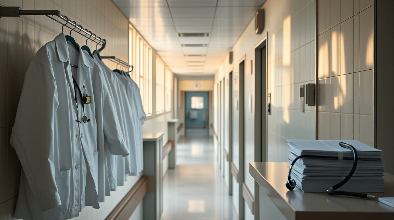 Pasillo de hospital público con personal médico y expedientes, becas a residentes del IMSS