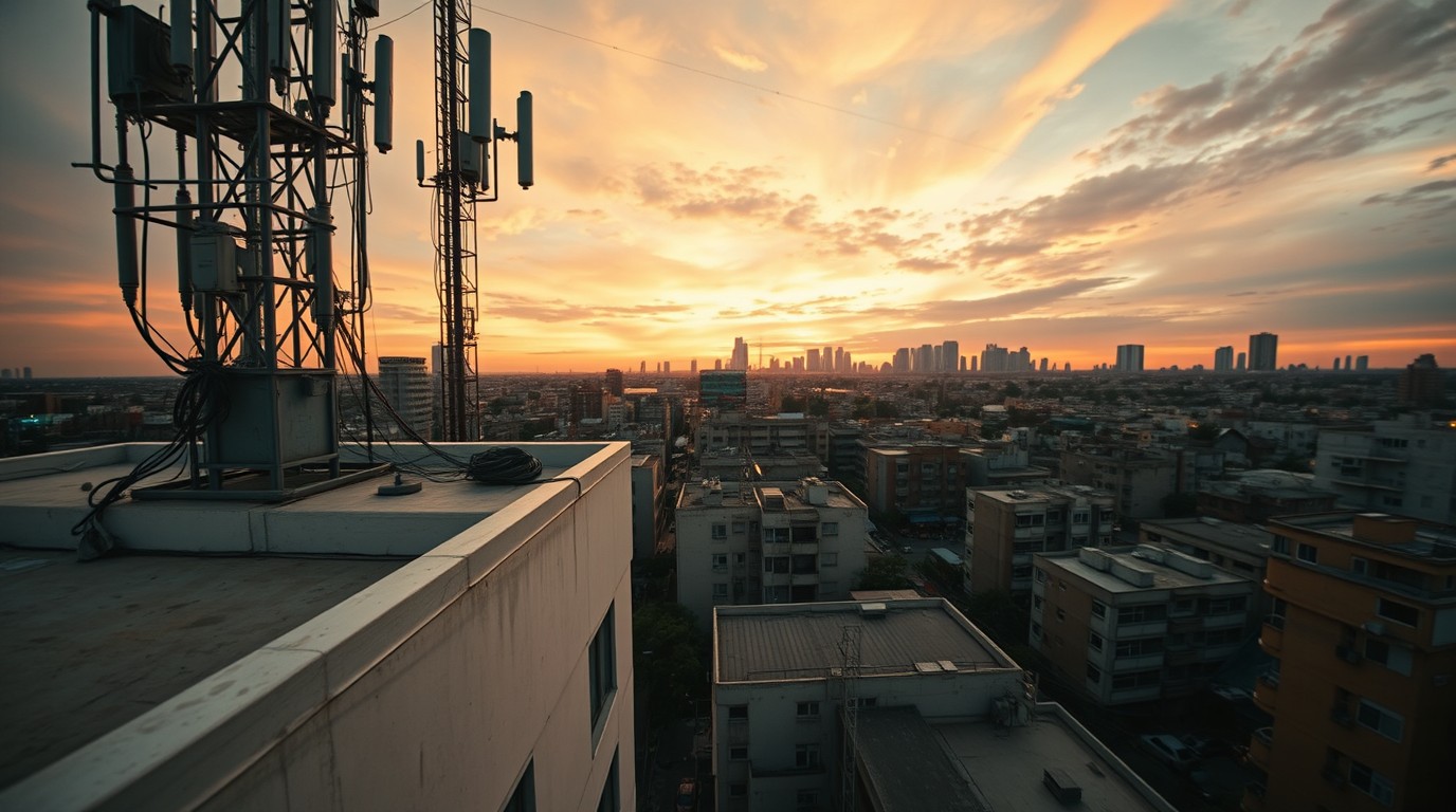 Torres de antenas de telefonía móvil al atardecer tras la compra de AT&T México