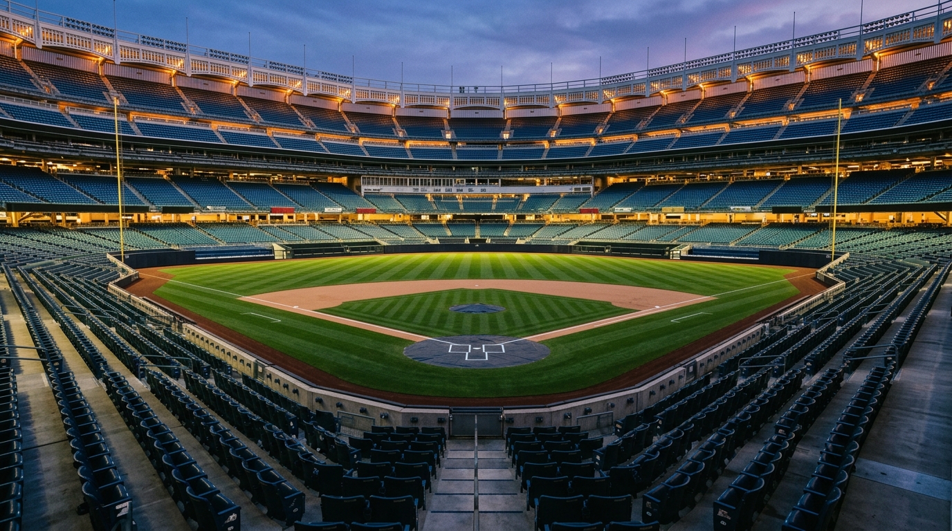 Estadio de beisbol vacío al atardecer, gradas y campo del Yankee Stadium